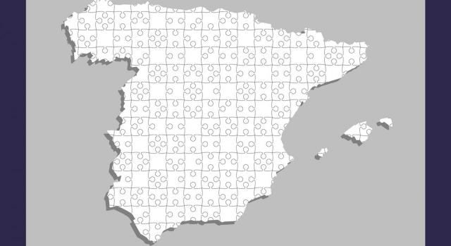 Delegación de la inspección del IAE a Ayuntamientos, Diputaciones y Comunidad Autónoma, renuncias y revocaciones. Imagen del mapa vectorial España desde rompecabezas blanco, rompecabezas