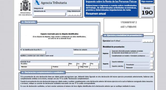 Aprobadas las modificaciones del Modelo 190 de retenciones e ingresos a cuenta del IRPF sobre rendimientos del trabajo y de actividades económicas, premios y determinadas ganancias patrimoniales e imputaciones de renta. Imagen del modelo 190