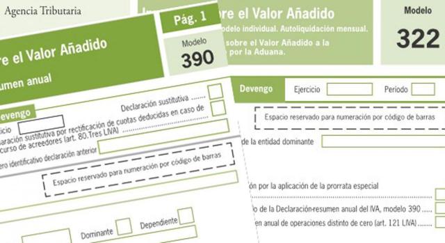 Modificados los modelos 322 y 390 del IVA para adaptarlos a los nuevos tipos impositivos y de recargo de equivalencia. Imagen de las cabeceras de los modelos 322 y 390 de al AEAT